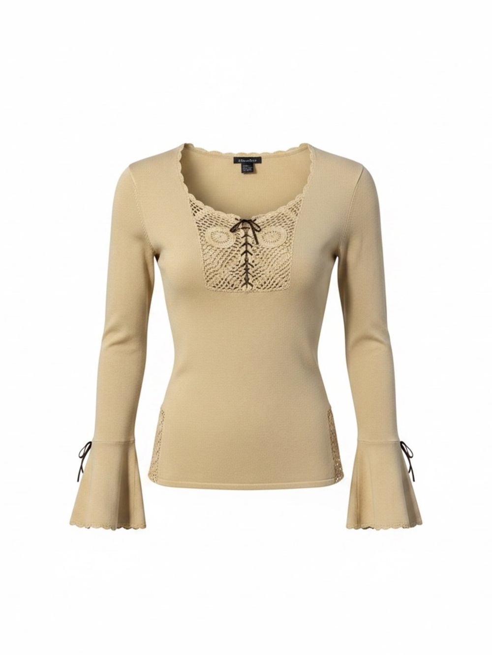 Mandee Beige Lace-Inset Long Sleeve Top with Ribbon Ties